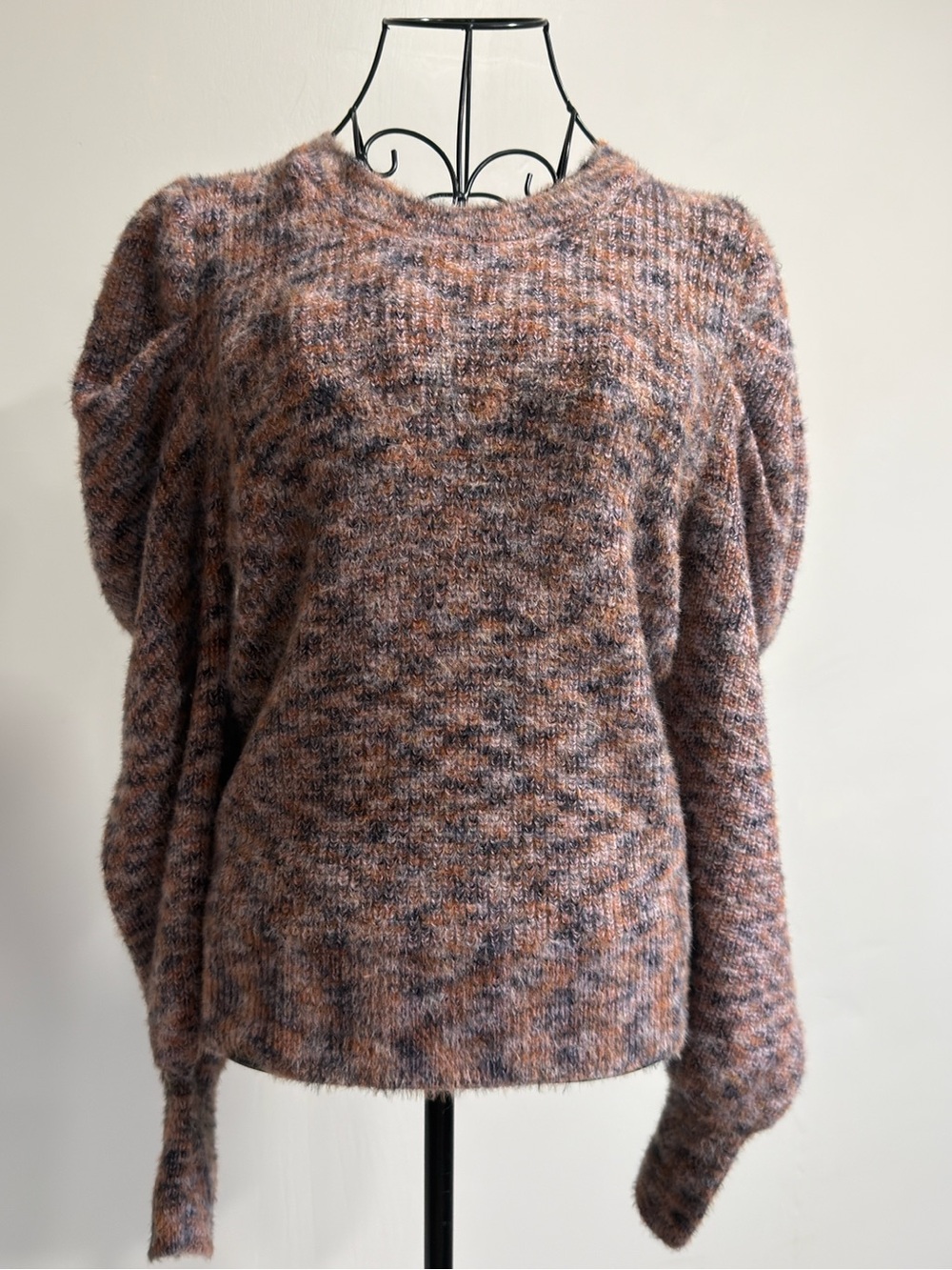 Moon River Pink & Gray Marled Crew Sweater with Statement Sleeves